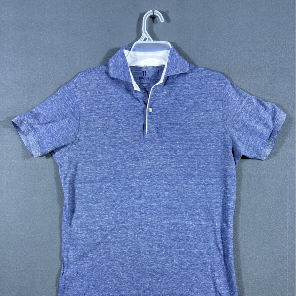 Boggi Milano Polo Shirt Mens M Blue Cotton Linen Short Sleeve Heathered Knit